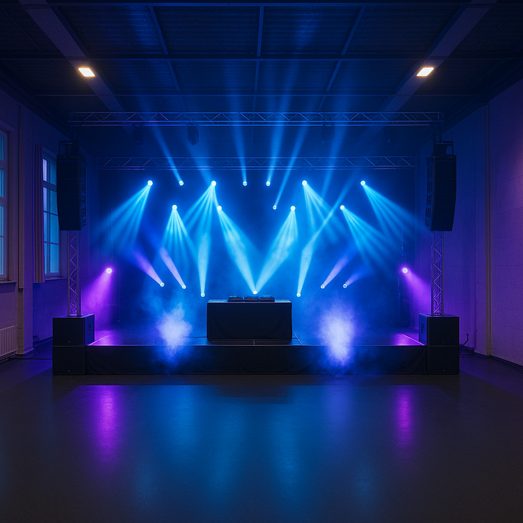 Professionell eingerichtete Bühne mit DJ-Pult, Traversen und beeindruckender Lichttechnik in Blau- und Violetttönen. Die Lichtstrahlen und Nebeleffekte schaffen eine atmosphärische Szenerie für ein Konzert oder Event