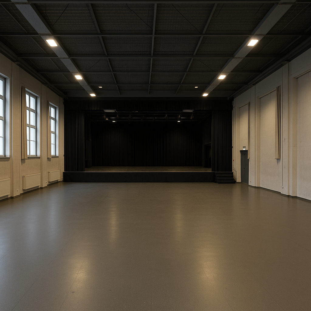 Blick in eine leere Eventhalle mit schwarzer Bühne und hohen Fenstern, die Tageslicht hereinlassen. Der Raum ist vorbereitet für den Aufbau von Licht-, Ton- und Veranstaltungstechnik.